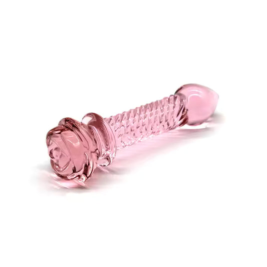 Luna the Pleasure Rose glass dildo in Pale Pink, featuring a detailed rosebud base and a smooth, anatomically-inspired glass shaft."
